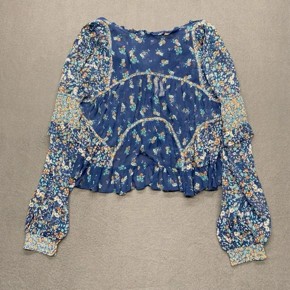 Anthropologie Sheer Babydoll‎ Blouse Blue Floral Size M Festival Boho Hippie NEW - Picture 9 of 11